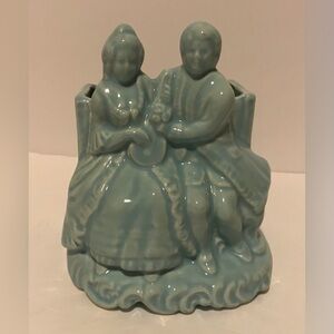 Vintage Courting Couple Planter Aqua Blue Romantic Victorian Cameron USA Pottery